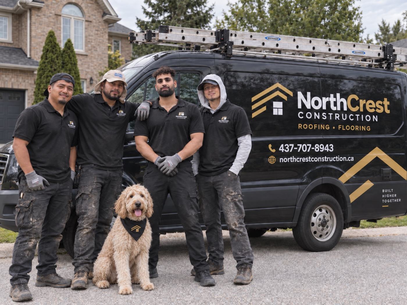 The NorthCrest Construction crew and their branded van, ready for a roofing job in the GTA
