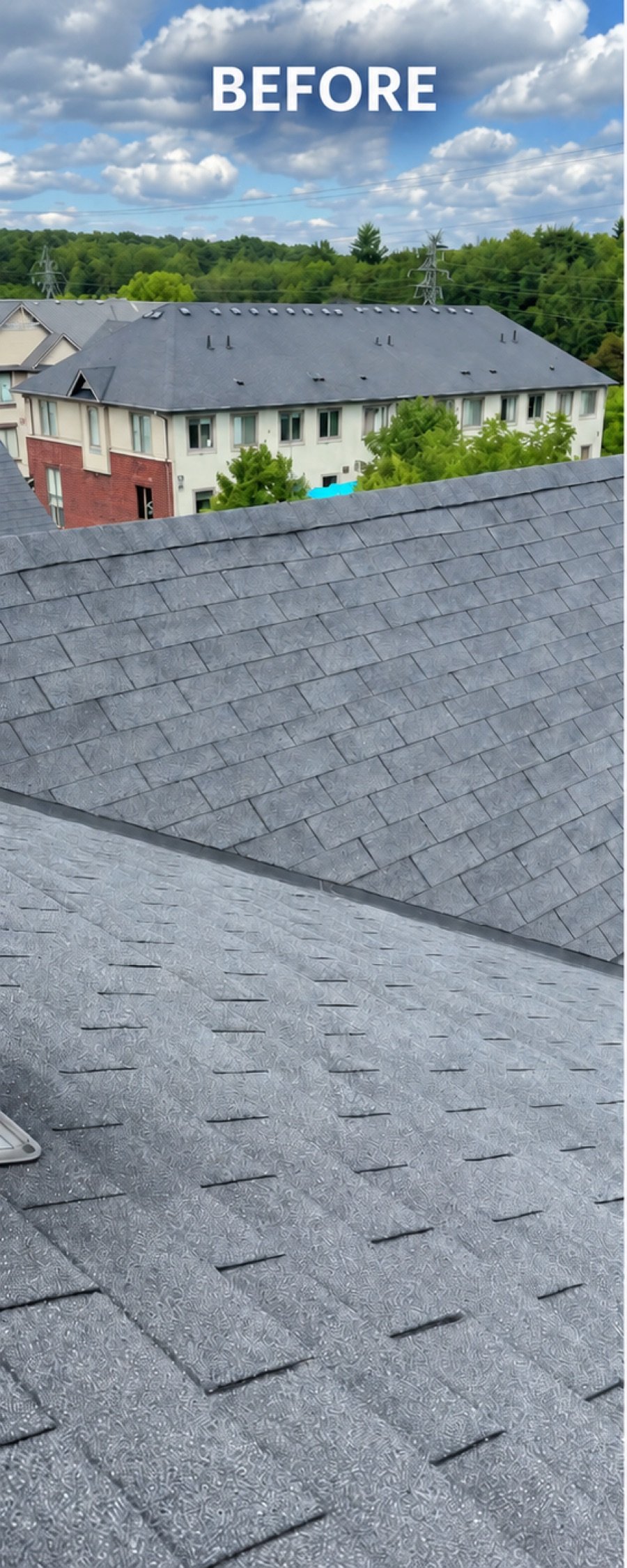 Before: aging asphalt shingle roof prior to replacement