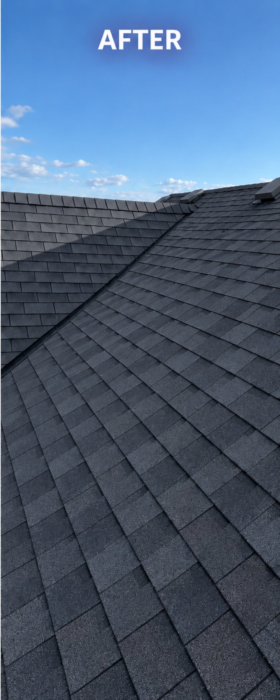 After: completed full roof replacement with new charcoal architectural shingles